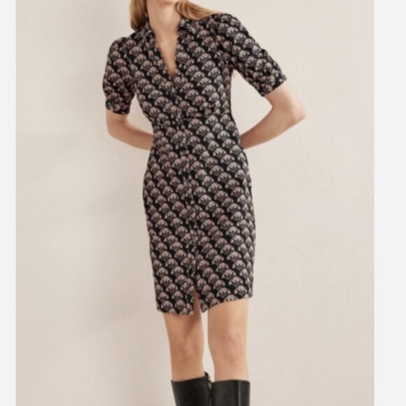 Boden Black and White Patterned Mini Tea Dress Dress in Black/Tan Size 6 Long - Picture 1 of 12